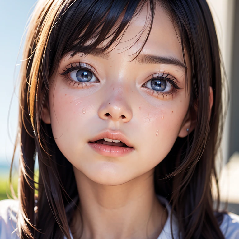 (incredibly realistic and highly detailed CG artwork), top quality, short teenage girl (perfect lighting, perfect shading, unparalleled attention to detail). 1 person, small breasts, skinny, dark blue hair: 1.8, (towel wearing: 1.7, (lying in the dimly lit forest: 1.9)) (High angle shot)) (Provocative gaze at the audience: 2.9) Lying on the floor Real (Ultra Real: 1.2) (Related expressions, fear: 1.3))