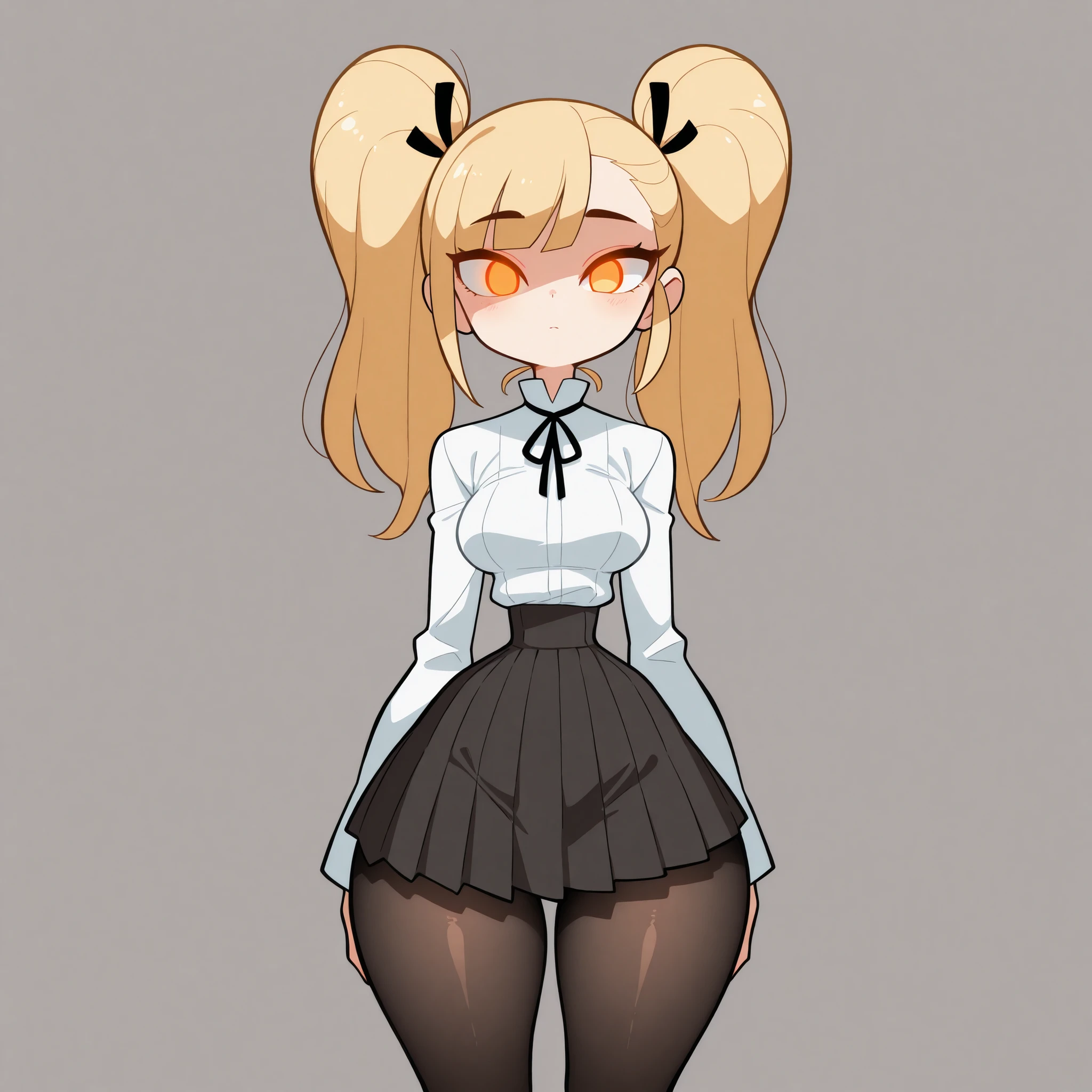 masterpiece, best quality, amazing quality, very aesthetic, absurdres, high res, shiny skin, diives, 1girl, solo, long blonde hair, twin pigtails, straight hair, orange eyes, glowing eyes, medium breasts, narrow waist, wide hips, thick thighs, white blouse, black ribbon, black pleated skirt, black pantyhose, expressionless, cute, standing, looking at viewer, simple background, from the front view, shiny skin, high res