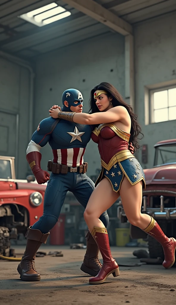 Battle royal between blue eyes, black hair Wonder Woman with ((silver gauntlet:1.2)), ((Red knee high boots:1.2)) and massive fat man in grey suits and bald head. They are punching each other in the warehouse. Wounded all over. They are very sweaty. ((destroyed clothes:1.3)). Torn and tattered costumes and spats, ((clenched fist)). very delicate muscles. Looking at each others. bare shoulders, mature, sexy, elastic muscles, (muscles:1.2), ((strong and healthy body)), long legs, curves, (big breasts:1.2). ((wet with sweat)), concept art, realistic,