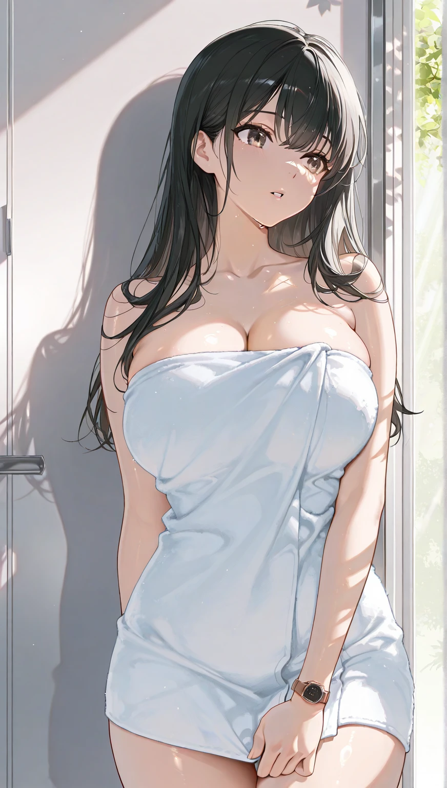 a beautiful cat girl gently comforting her young daughter in the bathroom, the girl with enormous breasts wearing lipstick, the daughter with small delicate breasts smiling and having fun, intricate detailed faces, beautiful skin, dramatic lighting, warm colors, photorealistic, oil painting, high resolution, masterpiece, nude, black hair, girl pregnant