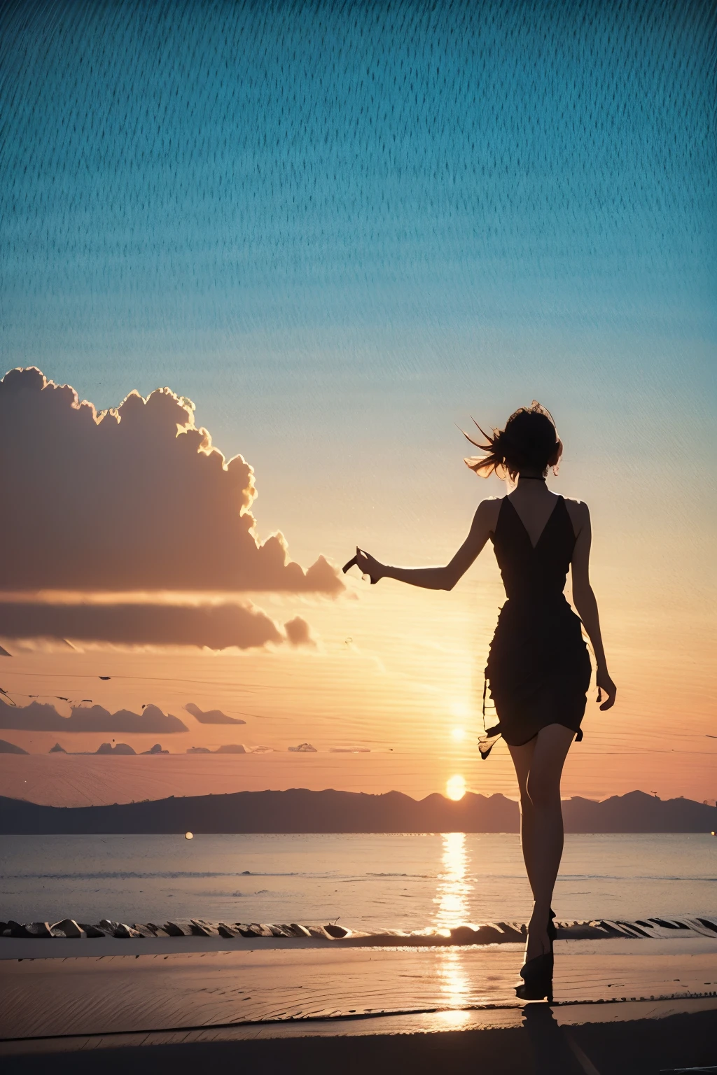 realistic、朝日が登り女性のsilhouetteが浮かび上がる、 in a dark cell、Frame the vast ocean、 Sea view、 backlit、silhouette、1 woman、long dress、high heels、(short shortcuts to expand the dress)、Hair and dress fluttering in the wind、looking up at the sky、 Mysterious and Fantastic 、