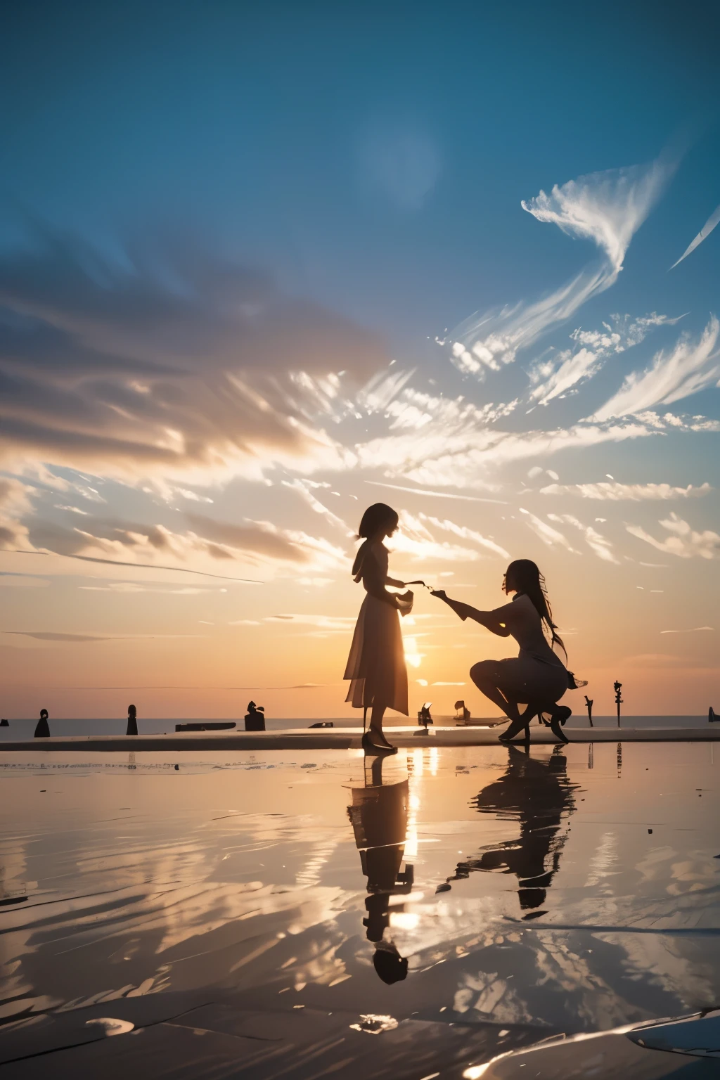 realistic、夕暮れの砂浜で男女のsilhouetteが浮かび上がる、pull angle、There is a large puddle of water、People are reflected in the puddle、 Sea view、 backlit、silhouette、The woman stands、Men kneel and look up、Women wear long dresses and high heels、hair and dress fluttering in the wind Mysterious and fantastic、