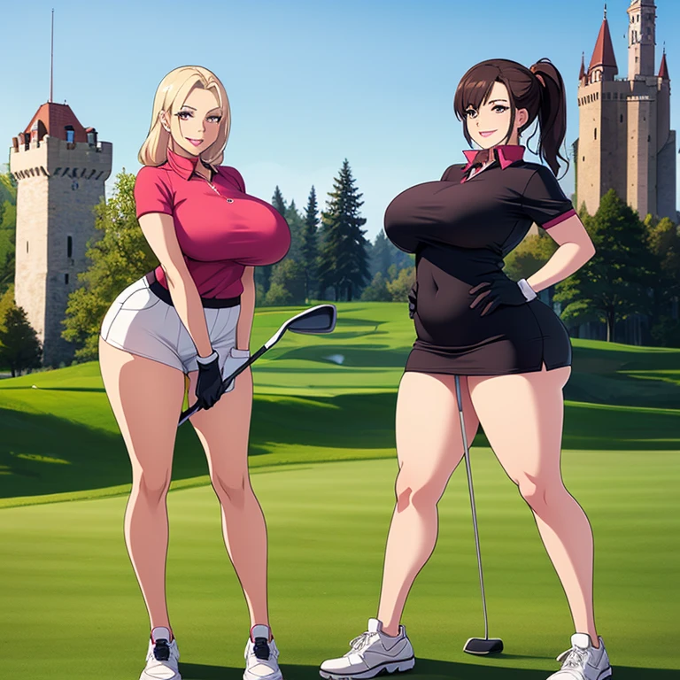 2 girls, Sexy and slutty smile, huge breast, long leg, big ass and thigh, muscular abs, dua lipa face, golf Course, white bikini top, white skirt, huge cleavage, no panties, we can see her pussy, she is on squatting, spreading her legs, showing her ass, white long socks, white high heel, bob haircut, white hair, butterfly tattoo on back