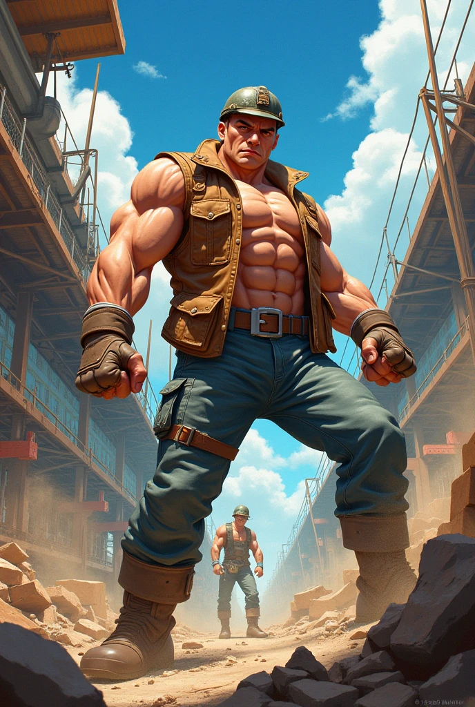 Image: The white boy (man) works in a construction site, with a shovel in his hand and sweat running down his face. A scorching sun and the noise of tools are seen. In the background, A school can be seen in the distance.
Let the image be large, BIGGER CHILD
