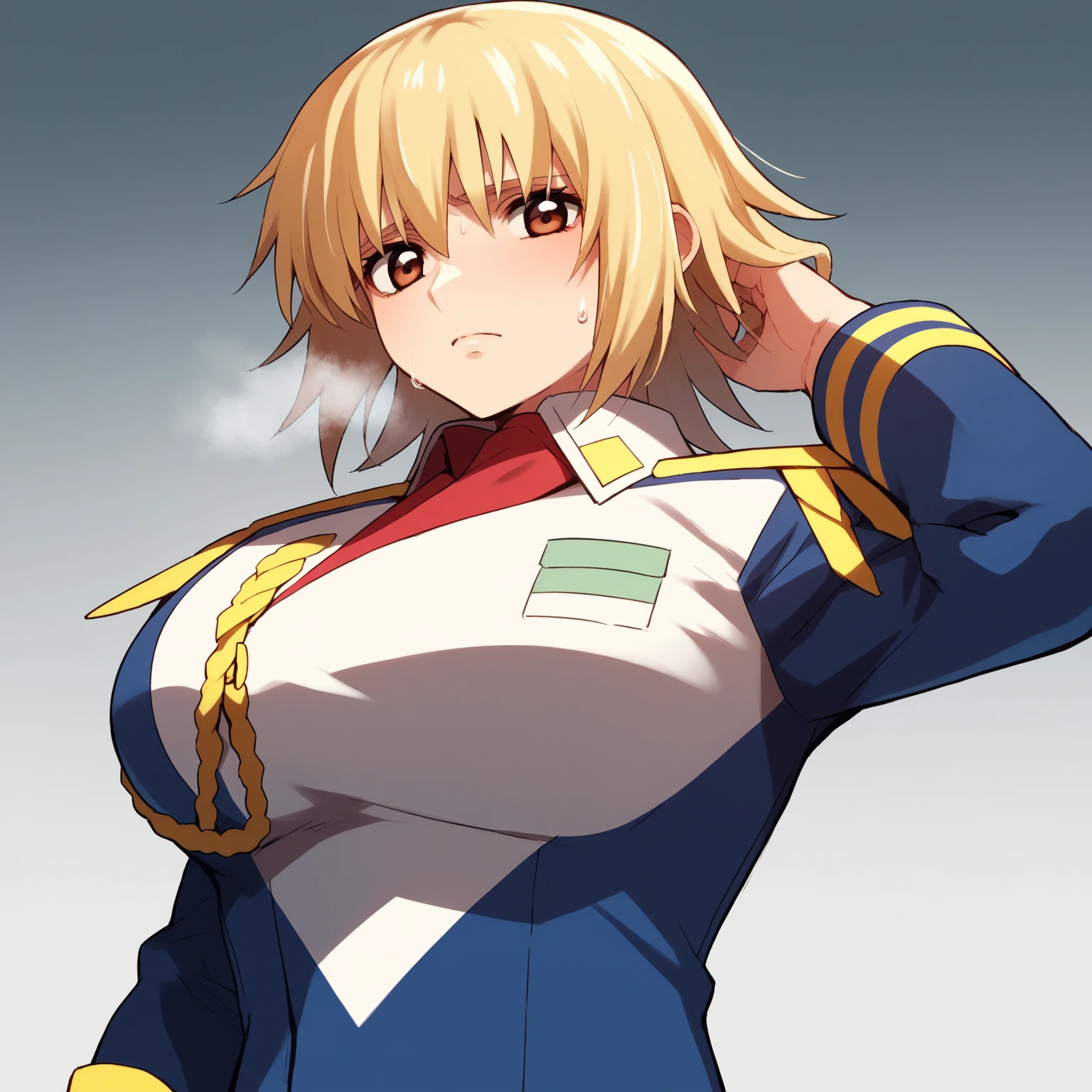 score_9, score_8_up, score_7_up, score_6_up, in hall, sci-fi,
BREAK
ExpressiveH, souce_explicit,
BREAK
1girl, solo, cagalli, blonde hair, short hair, brown eyes, elect nipple, large breasts, seductive, smile,
nosleeves, detached sleeves, navel, cropped top, commander, epaulettes, military uniform, white skirt, mini skirt, white thighhighs,
tall, leggy, shiny skin, heavy breathing, wide hips, tight waist, thick thighs, steaming body, sweat,
,,
, ,
,
, ,
,,, ,
contrapposto, standing,
,