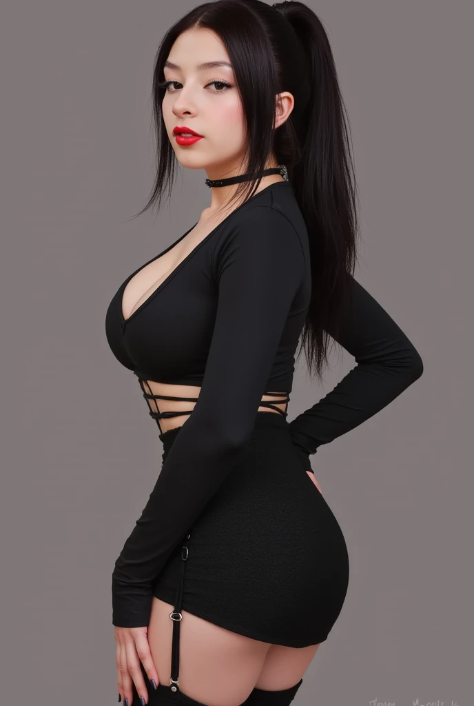 4k-ultra clear、highest quality, Artwork, Ultra high resolution, (Reality: 1.4), hot girl, sexy eyes, Off-shoulder sweater dresses, cinematic lighting、purple and black hair、(My girl、makeup goth、My makeup)、(Pierced ears、Big breasts、Oversized black open-shoulder t-shirt dark mini-skirt) pretty sexy、((dark makeup、Oily skin, glossy skin、Realistic skin texture、detailed beautiful skin、glossy skin)), big hips, thick thighs, thick legs, area dark city center at night、Kabukicho、Dark Cyberpunk、(Sharp shot:1.8)、thick legs 、hot arms、hot shoulders、sexy waist、hot sexy body、Large breasts、Full body