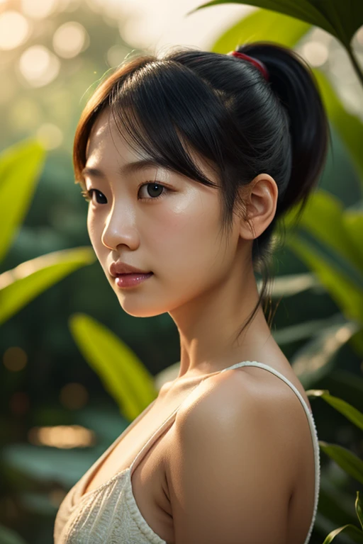 Wanita suku jawa ,shirtless ,naked,hair in a bun,morning atmosphere, very detail,ultra realistic,4K
