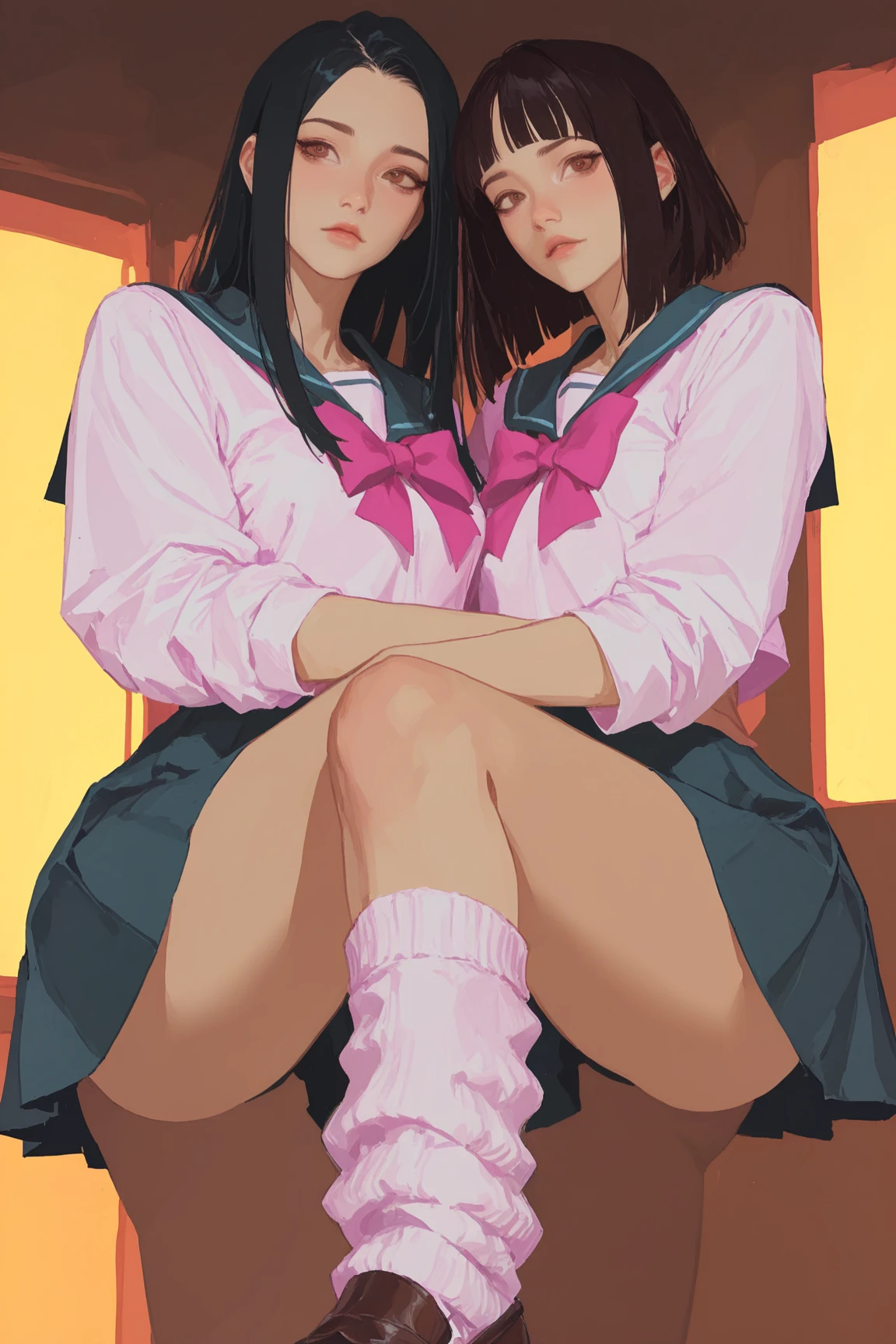 Highest quality, Ultra-high resolution, (Realistic: )2D official style cel animation,((2Girls sitting in a row))high school girl、Twin tails、ponytail、White Big Ribbon、Glasses、Blue Check Mini Skirt,Summer Shirts,Unbutton、(no panties、Lace bra),loose socks,sneakers,Full body portrait,(From below),Station stairs,sunny,Spread your legs、from the front、blush、(((nsfw))),openwidee,