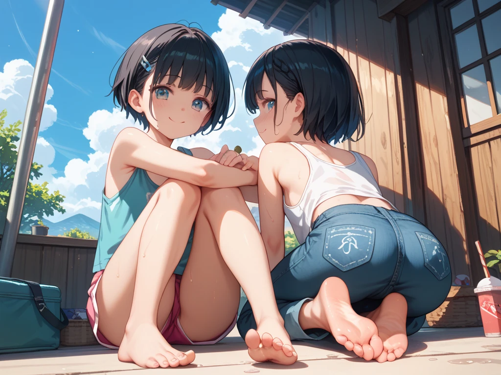 Super absurd quality by the god of art, super detailed, High resolution, anime moe art style, Best Anime 8K Kona-chan Wallpaper, pixiv contest winner, perfect anatomy, break,(NSFW,Please draw a picture of a girl wearing transparent clothes soaked in the rain., take shelter in the shade of a tree.),break,1 girl, (alone,little woman, cute face,11 years old:1.3),,, The charm of an immature body, (very_short hair), boyish short cut, bangs,(flat chest),Small Bodysuits, small ass, between legs, small eyes, small black eyes, detailed and beautiful eyes, Well-proportioned iris and pupils, expressive eyes, High resolutionの詳細な髪,(see-through tank top,shorts:1.2),Wet,(((I can see the nipples))) ,blush, Rainy,(detailed lighting), (detailed background), Inside the school. break,super dense skin, Best sexual lighting powered by famous artist, 8k,Beauty Illustration,photoshop_(Moderate),Absurd Hi-Res,Hmm,rough skin,break,((artist:dark black,)) artist:Courges_ace , artist:mitsumi misato,artist:akinashi yuu