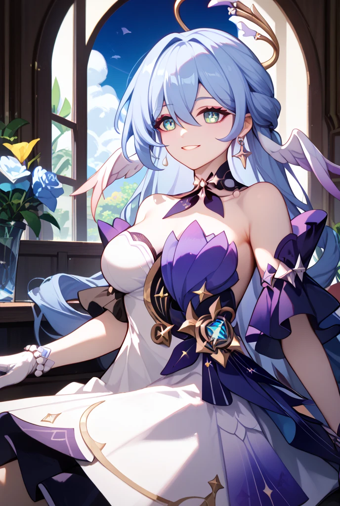 <lora:ganyu:1>,1girl,ganyu_\(genshin_impact\),solo,blue_hair,breasts,long_hair,qingxin_flower,detached_sleeves,bell,horns,gloves,bare_shoulders,bangs,gold_trim,looking_at_viewer,purple_eyes,white_sleeves,sidelocks,ahoge,thighlet,black_gloves,white_flower,neck_bell,medium_breasts,