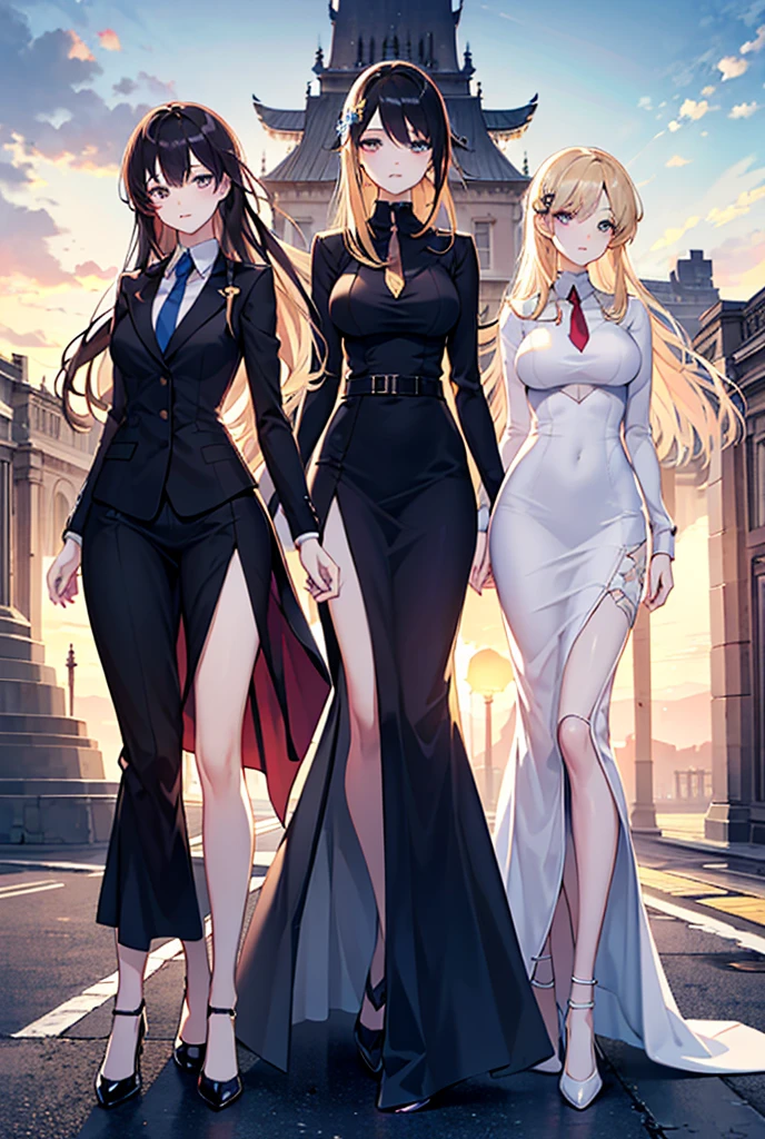 masterpiece, best quality, long hair,  medium breast, cleavage, navel, slim legs, morgan fate blonde hair, soldier outfit, happy, short skirt, mature women, standing, office