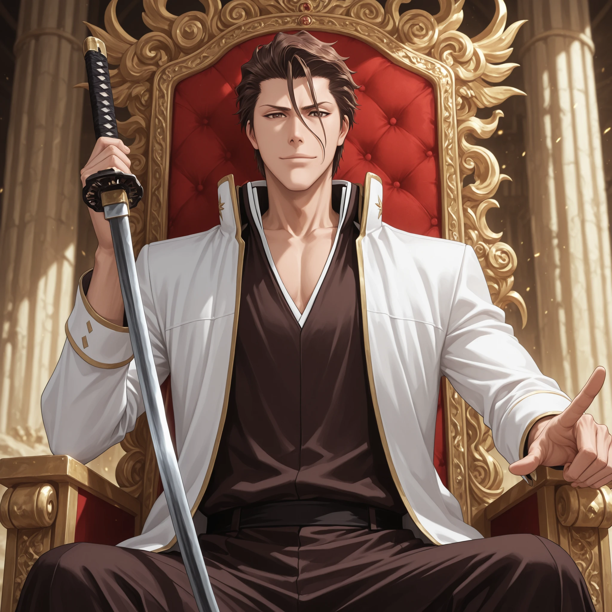1 boy, Sosuke Aizen, brown hair, brown eyes, short hair, hair between eyes, hair slicked back, looking at viewer, katana, pointing katana at viewer, sitting on throne, palace, wry smile, powerful