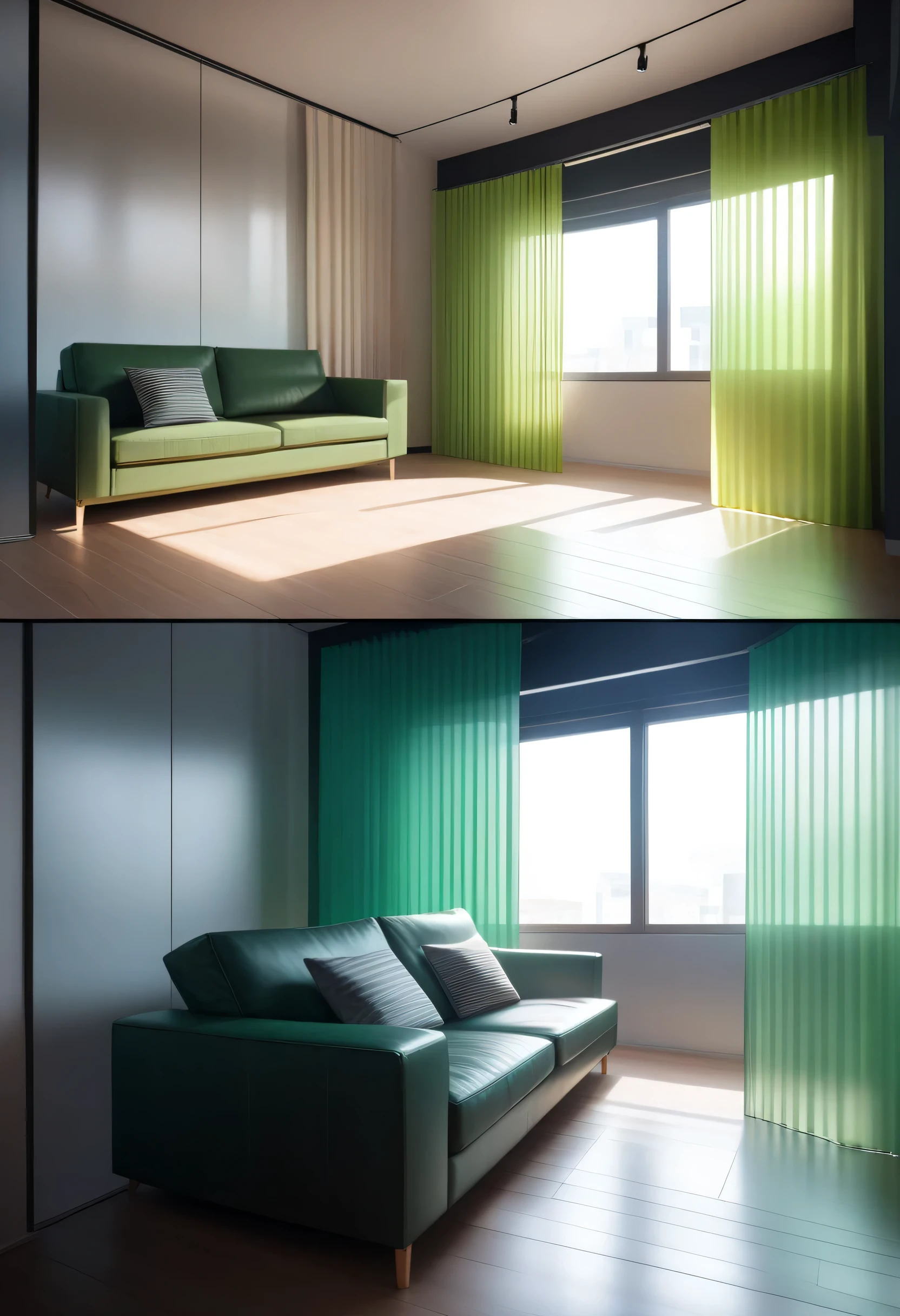 ((masterpiece, better quality, Alta resolución, UHD, perfect pixels, depth of field, 4k, RTX, hdr))), close image of a window with aluminum shutters from ceiling to floor, Lo bubren translucent curtains color green, you can see a part of a sofa in green, modern style, taken from one side where you can see that wall, normal height view