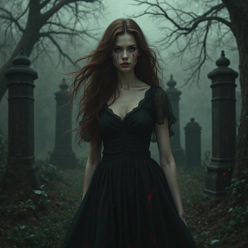 Female
Wearing a Tall black off the shoulder layery dress
Brown  hair reaching shoulders with curtain bangs and covering eye sockets
	Eye sockets empty with only blood oozing out
She has Pale white skin

With a Skinny hourglassish build with emotioless features 
Is 	dancing elegantly in a bloody forest with heavy rain and thunder in the back

Destined to be killed by a lover again