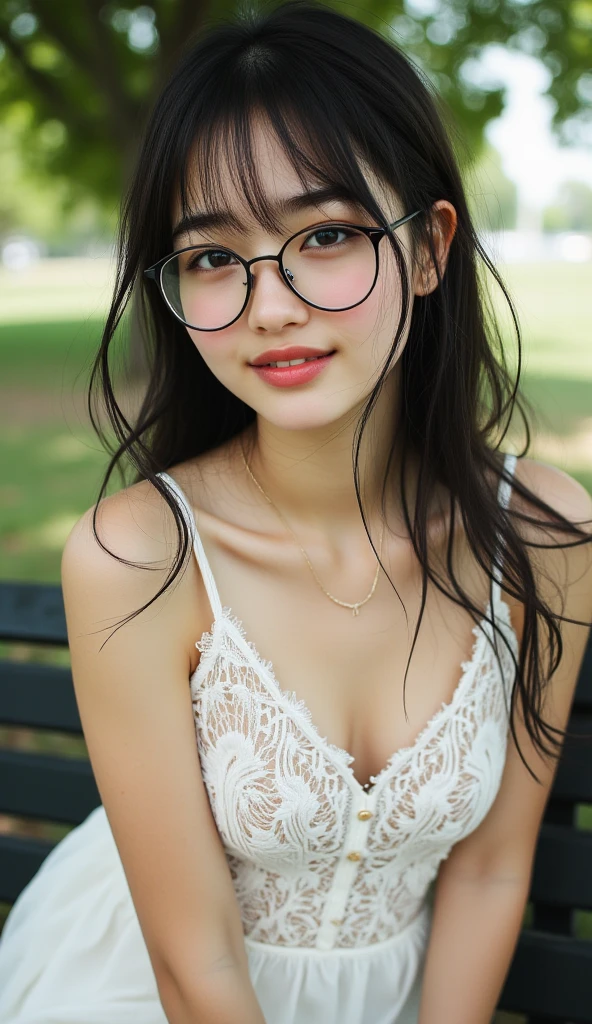 Create an ultra-realistic image of a 21-year-old Japanese woman named Kotone wearing glasses. She has extremely long, perfectly straight black hair that flows down to her waist, with blunt bangs that cover her forehead. Her eyes are large, enchanting, and have double eyelids with sparkling black pupils, giving them a captivating and youthful appearance, now accentuated by a pair of stylish glasses. Her face is delicate and innocent, with very thin eyebrows that frame her large, childlike eyes. She has a small mouth with sexy lips, and her skin is smooth and flawless, resembling snow in its pure white color. She has a slender and well-proportioned body with a shapely bust size of 95 cm, a height of 158 cm, a weight of 43 kg, an ideal waist size of 58.46 cm, and an ideal hip size of 86.73 cm. Her complexion is flawless, without any wrinkles, and her natural makeup enhances her features subtly, maintaining a fresh and youthful look. She embodies a perfect balance of youthful charm and mature elegance, with a cute and innocent smile that adds warmth and affection to her appearance.

Kotone should be depicted facing forward, with her body positioned to emphasize her front. Her long black hair should flow naturally over her shoulders, framing her face and upper body. Her glasses should be stylish and complement her delicate features. Her pose should be confident and relaxed, with her arms gently at her sides or holding a small accessory. Her expression should be warm and inviting, with a friendly smile that captures her youthful charm. The lighting should be soft and natural, focusing on her front and emphasizing the smoothness of her skin and the delicacy of her features, creating a sense of depth and realism. The background should be simple and neutral, ensuring that every detail of her appearance is highlighted and that the focus remains on her face and front. She is wearing a casual yet stylish outfit that highlights her well-proportioned figure, such as a fitted blou