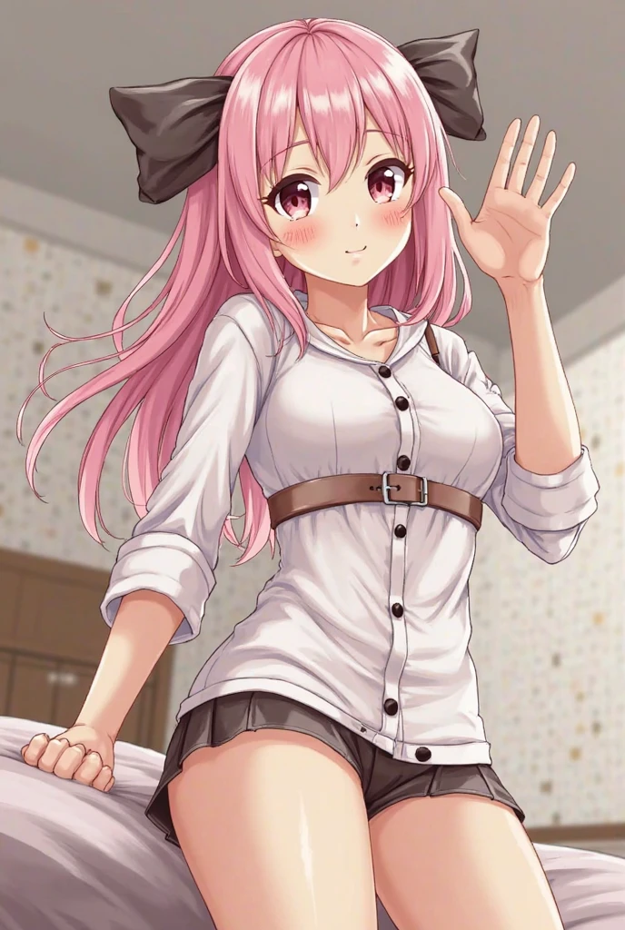Sumi-Sakurazawa, Sakurazawa Wandering, Bangs, (Pink eyes:1.5), hair between eye, Pink hair, braid, Hair Bow, Thick eyebrows,BREAK skirt, Shirt, Long sleeves, Bow, bow ribbon, School uniform, White shirt, serafuku, Sailor collar, Red Ribbon, Neck ribbon, Red skirt, white sailor collar,BREAK outdoors, city,BREAK looking at viewer, (Cowboy Shot:1.5),BREAK (masutepiece:1.2), Best Quality, High resolution, Unity 8k壁纸, (Illustration:0.8), (Beautiful detailed eyes:1.6), extra detailed face, Perfect Lighting, extremely details CG, (Perfect hands, Perfect Anatomy),Naughty big、large full breasts、A smile、thighs thighs thighs thighs、(Skirt lift:1.3), (white panties:1.3)、(Skirt that rolls up:1.3)、(Fully exposed panties:1.5)、embarrassed from、red blush、
