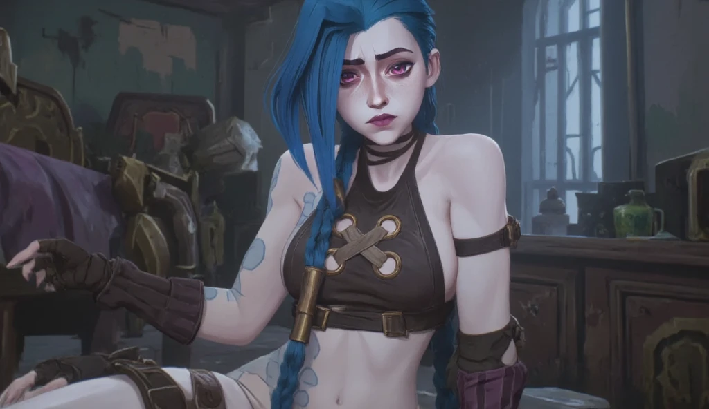 1girl , Джинкс - Arcane League of Legends  , One , water , open mouth ,  , transparent , panties , covered  , , leans forward,  , red ,  wet , Hair ornament , Spill , skirt , hair clip ,  wet clothes , blue hair , long hair ,  ruined room, looking at the viewer ,, pantyhose , panties under pantyhose , lips , red and pink eyes  , white panties , thighband pantyhose ,  wet рубашка , transparent legwear , helpless , tight clothes , . masterpiece , best quality , is very aesthetic , absurdress , JinxPowder extra long double braids , tattoos