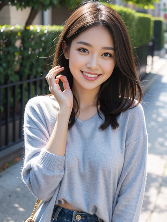 NSFW:1,32K、Top image quality、Angle from the ground、City park in the evening、On glass、 sidelight gray fluffy sleeveless、Mini skirt made of light ocher knit material、((Sitting on the bench holding your knees))、(Female genitalia can be seen through)、Happy smile、（Bob Hair）、slightly bulging、slender physique、small tits:1.5、stature: 157cm,Somewhat short，Beautiful face、Correct anatomy、