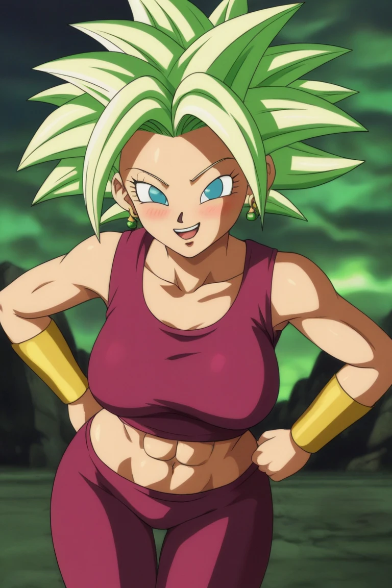 Kefla, dragon ball character, Green Hair, Green Earrings, Wine Yoga Pants, Good Yoga, Tight crop top wine, Skin, Toned, , Eyes Closed, Dead ,body Lying on the floor ,Decubitus Supine, Open Legs Separated , Open Arms extended Horizontal , front view , anime 90s style