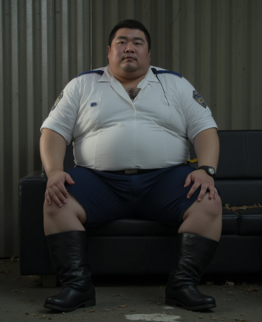 4k quality,(( Chinese middle-aged man)), China face, massive pec, strong muscles, big belly, black hair, math teacher, wearing white shirtshirt tucked into trousers, tie,belt, heat, sweat stains, sweat all over, shame, ((((black gloomtache))))), massive pec, blush, satisfied looking, sitting, holding a conference, class room, ((wearing navy black nylon sexy socks)),