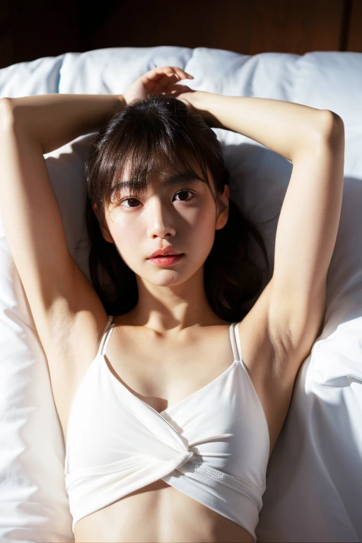 ((lying:1.5)), ((lying:1.5)), ((lying:1.5)), ((lying:1.5)), ((overhead shot:1.5)), ((overhead shot:1.5)), ((overhead shot:1.5)), ((Supine Position:1.5)), ((Photographed from directly above:1.5)), ((take a photo from directly above:1.5)), ((From above:1.5)), ((Photographed from directly above:1.5)), ((on bed:1.5)), ((on bed:1.5)), ((Hotel Bed:1.5)).
((one woman,1 female)), ((wearing a transparent white blouse:1.5)), ((mini skirt:1.5)).
((beautiful straight black long hair:1.5)), (bangs:1.7), (small natural breasts:1,7), ((flat chest:1.8)).
((looking at viewer:1.5)), ((look into the viewer's eyes:1.5)), ((Looking into the camera:1.5)), ((Viewer's line of sight:1.5)), Elderly face, ((despairing:1.5)), strong maternal qualities, Staring at this, Face is close, Staring at this, Ultra-fine, Beautiful Hair, Transparent Photo, Have a look at this, Perfect Fingers, Perfect Face, Detailed Background, Fair skin, Translucent white skin, Perfect Fingers, Detailed Background, Highest quality, very High resolution, Perfect Anatomy, High resolution, RAW color photos, Professional photography, Very delicate, Very detailed, Finely detailed, Large file size, Best image quality, 16K, Award-winning works, Tabletop, Professional Photography,