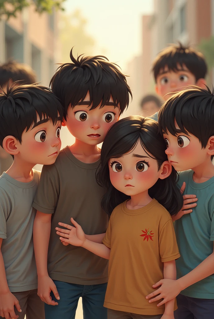 A 1 boy try to talking with 4 peoples who standing Infront of his , the boy opening his hands and try to explain something, background is a normal road, 8k very ultra realistic