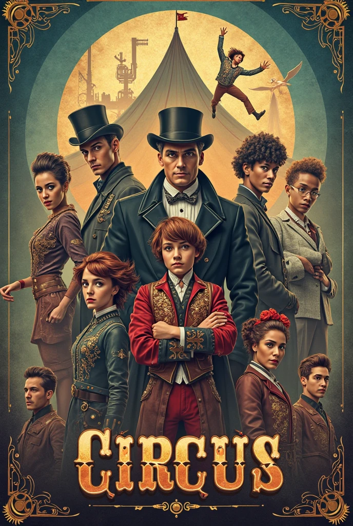 Movie poster for movie about steampunk circus. The title of the movie is CIRCUS, with retro style, using for circus posters usually. 