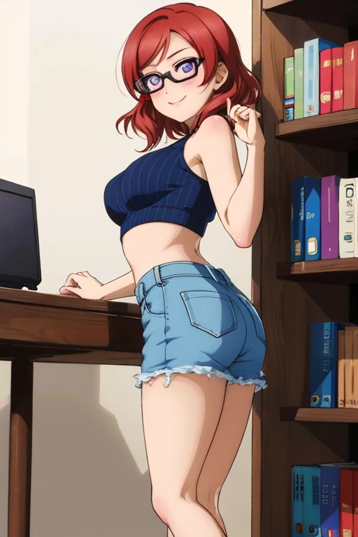 Kousaka honoka,ASS, SITTING, SOLO, LOOKING BACK, FROM BEHIND, DESK, THIGHS, ASS FOCUS, CHAIR, sweater, sleeveless,midriff,denim pants,belt, smile