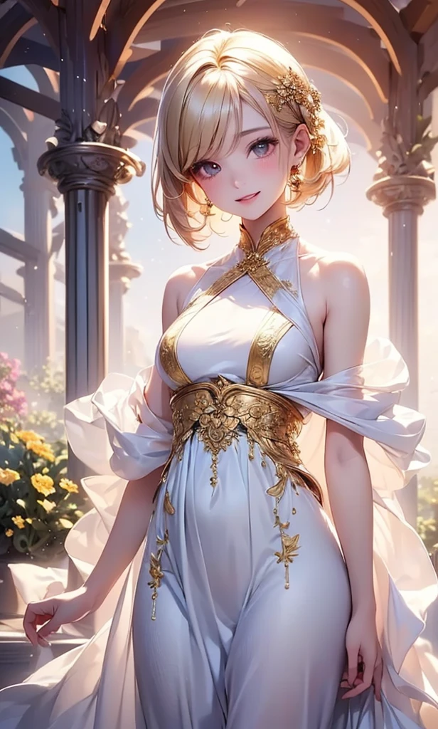 A beautiful woman, ((( golden knight, golden armor, white blouse, long white skirt, elegance under the moon))), ((perfect body figure, beautiful face, beautiful face, milf, age 46, royal, blond color hair, ponytail hair style, beautiful skin, Extremely details hair, fine details)), (((cinematic lighting, beautiful lighting effect, creative design, full body frame, divine aura, hard harmony , shining moonlight, perfect color transition, perfect balance of contrast, perfect color layer, perfectly smooth color blur, soft rendering, smooth color stroke, moon glare, optic lens, moonlight ray, soft colors, smooth colors blend, perfect color rendering, harmony, perfect color harmony, beautiful color, soft harmony, light particles, perfect details, intricate details, color prism, fine details, refine details))), Tachibana Omina art style, affectionate eyes, half a smile, slightly open mouth, a gentle expression on his face, serene scenery, top of mountain, a lot of flowers bloom under the moon, petals, petals floating around, breeze and moonlight in the background, butterflies in the sky, realism, ((Best quality))),8k,((Masterpiece)),(Extremely refined and beautiful)