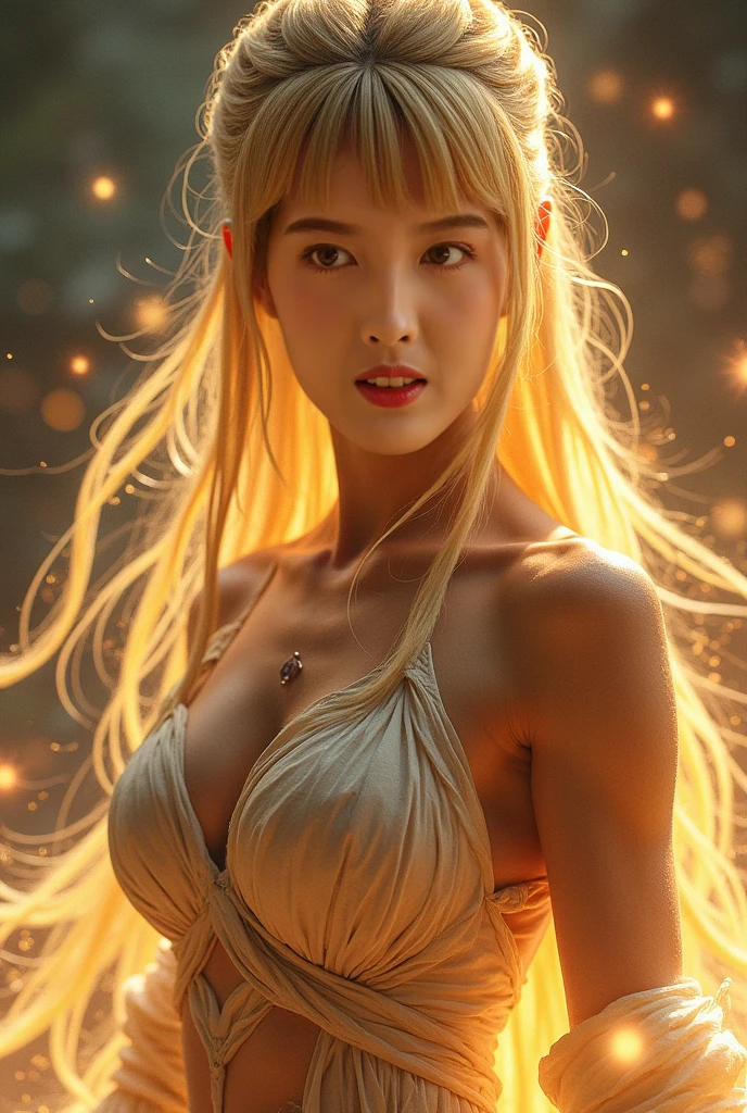 Young goddess, (Her clothes are all flipping up by extremely strong wind:1.4), (wearing robe, tiara, necklace, blonde hair, blue eyes), (background random great nature), (laughing, big smiling), ((dramatic lighting:1.3), surrealism, god rays), ((masterpiece, 8K highest resolution)), wide view, (seen from back:0.6)
