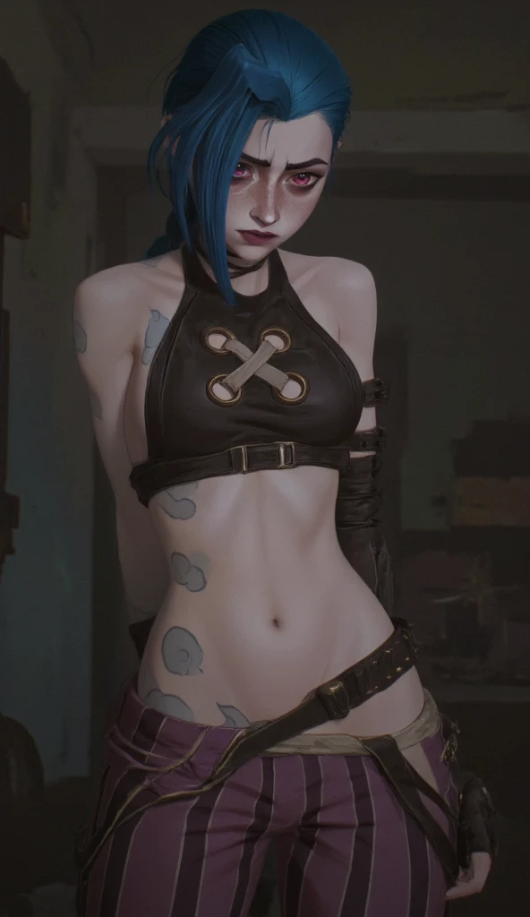 check_9, check_8_ up, check_7_ up, Jinx, , , , очень уально,  , woman with blue hair and black top, Facing the viewer,  , , , , (short Hair:1.2.), (( Facing the viewer : 1.2.)), ((hedgehog hairstyle  : 1.2.), short Hair, asymmetric bangs, voluminous short hairstyle,  current makeup , without tails  , voluminous hair slim figure, black top, tight striped pants ,, red and pink eyes , hair is loose, 1girl, One, long hair, shiny, gradient background ,  dark walls  , dark room, darkness, darkness,  ruined room,