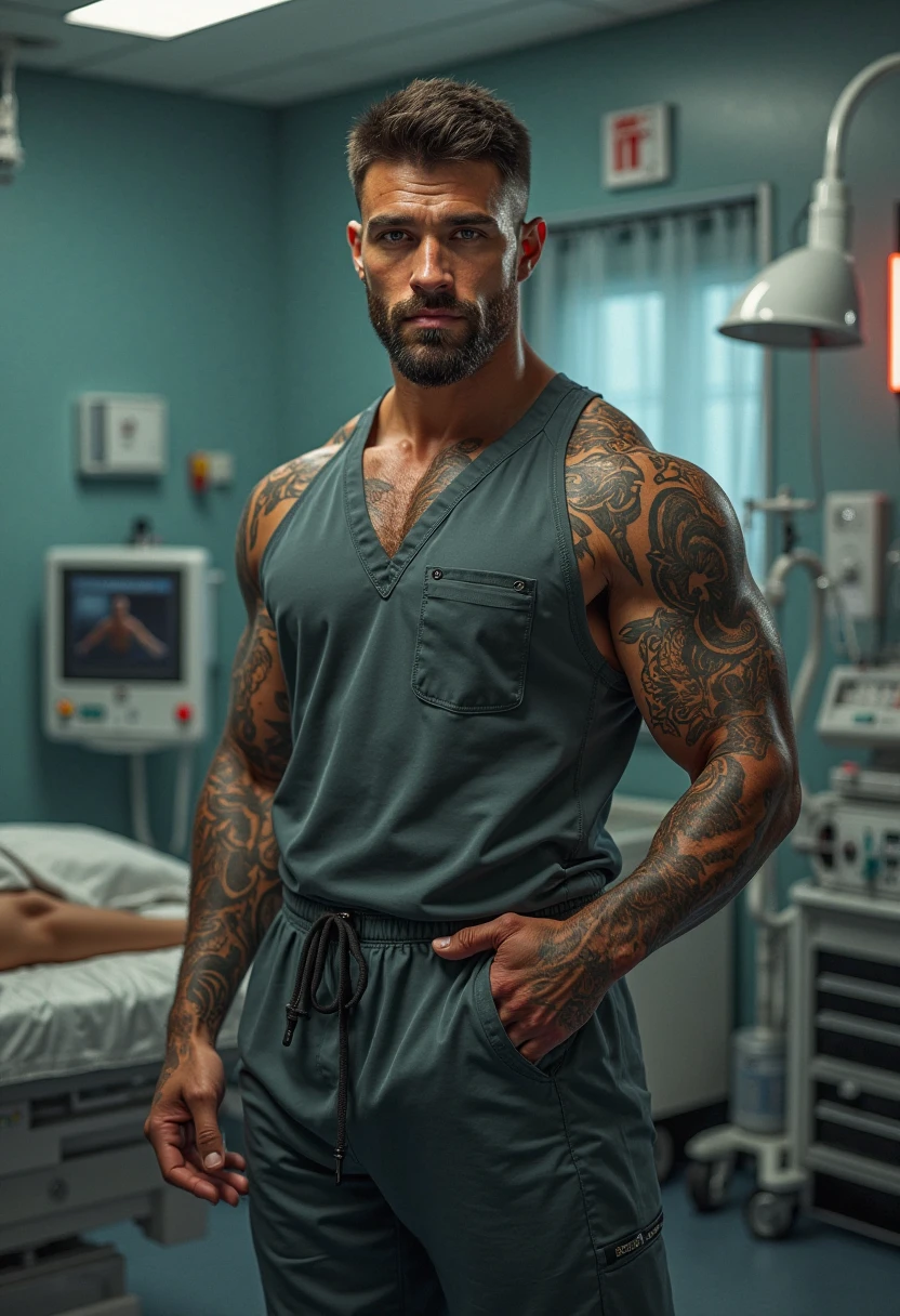 A muscular gym worker doctor, wore a half of his working white doctors suit, with heartbeat check, looking forward with tattoo, full face view