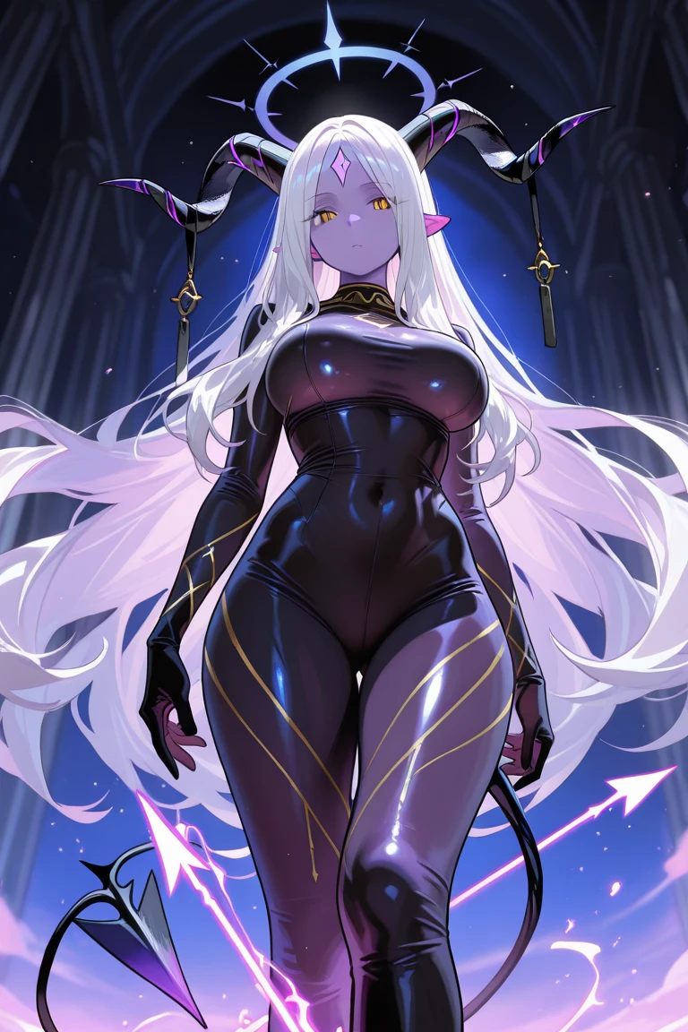 ((Highest quality)), ((masterpiece)), (detailed), (Perfect Face)、The woman is a sexy devil with jet black skin、The woman is a jet-black female demon with magnificent devil horns, jet-black devil wings, and a jet-black tail. Her skin is jet-black and she is a naked jet-black demon named Princess Leona. She has medium-long light brown hair and is a demon in both body and mind.、The woman is the wife of a dignified and powerful demon king, her beloved husband.