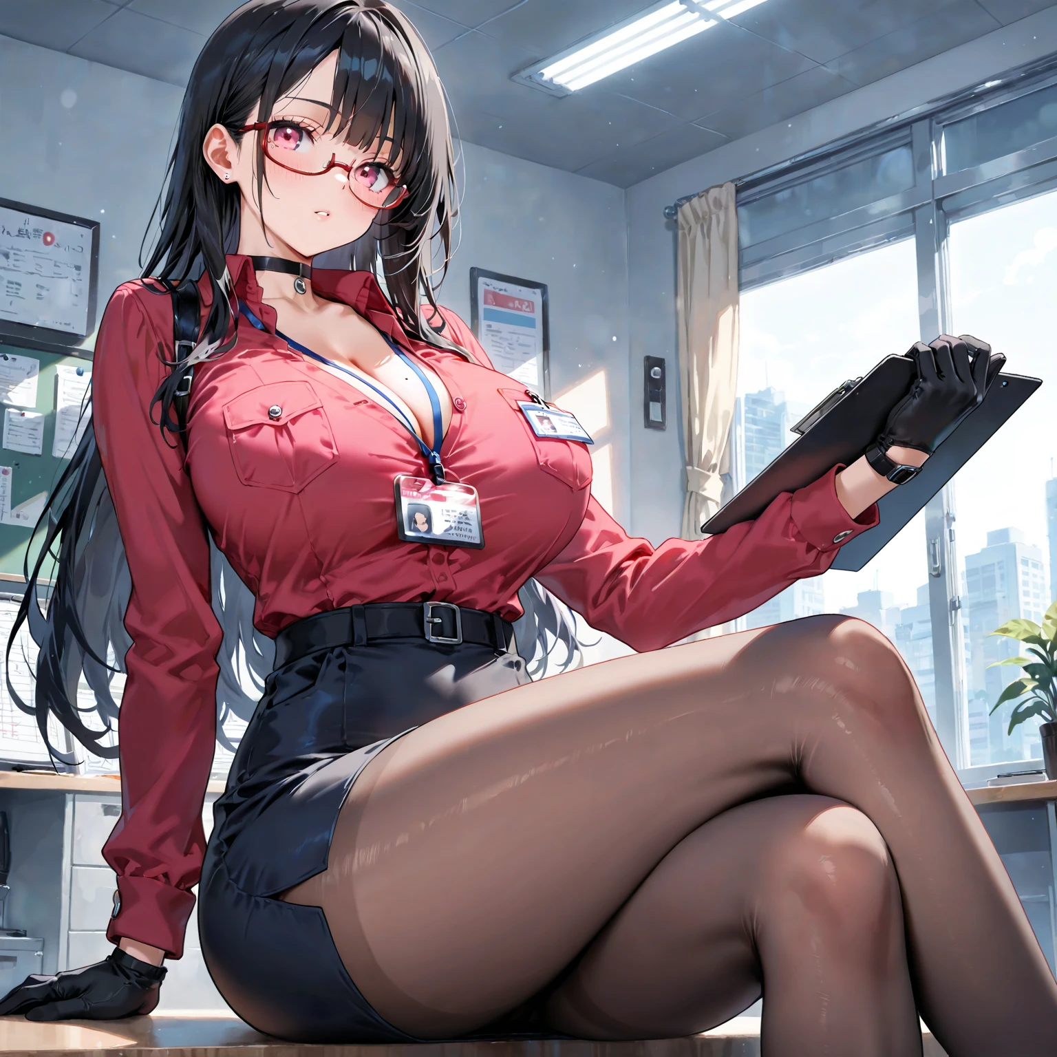 juri han,evil smile, work of art, tight white secretary shirt with black tie, black high waist skirt, short skirt, black hair, black tights, evil smile, office, bangs in the eyes, lighting, hair horn, vision of up, looking up, evil smile, sitting on an office chair, legs crossed,imagem detalhada,belas coxas detalhadas,sentada