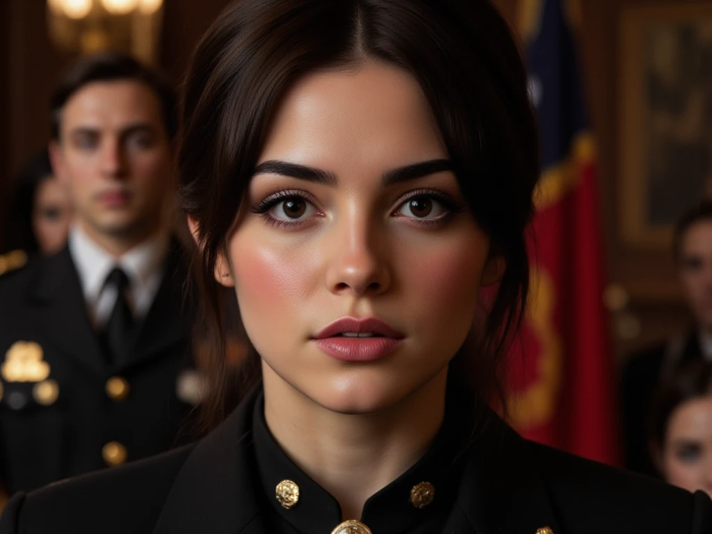 Kendall Jenner
The image depicts Kendall Jenner in a military uniform. Kendall Jenner , privaty \(nikke\), Short hair, ponytail, military uniform, military cap, smile on her lips. There are other people in military uniforms in the background., full body high quality photography,
, realistic, photo-realistic, 8k, highly detailed, full length frame, High detail RAW color art, piercing, diffused soft lighting, shallow depth of field, sharp focus, hyperrealism, cinematic lighting, Style-EMCG, SkinHairDetail,