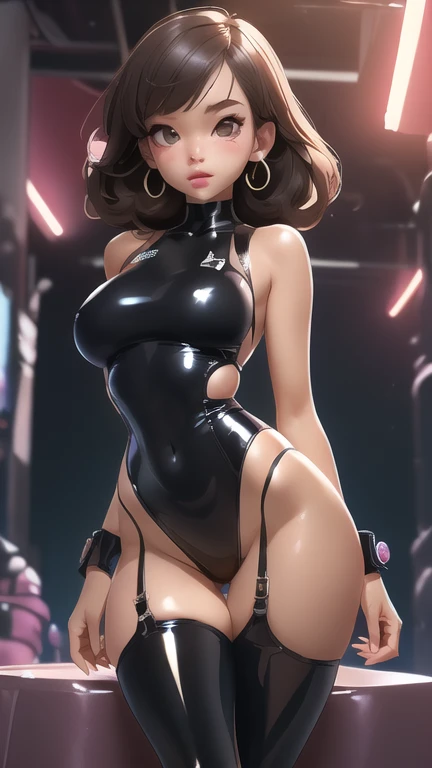 Afficher l'image NSFW, une fille, 15 ans, red and curly hair, shoulder-length shoulder-length hair, tight latex top, fesses en premier plan