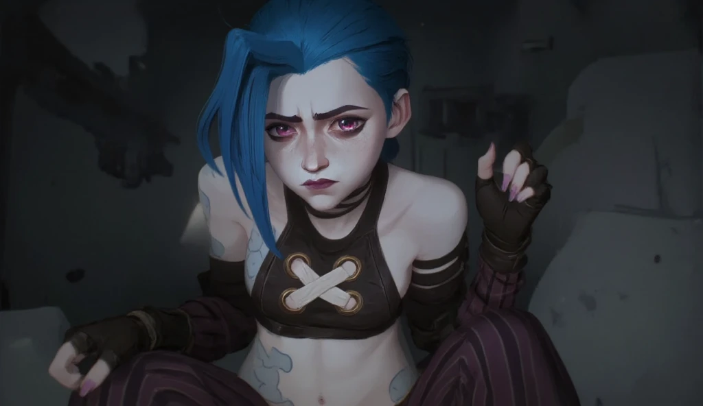 check_9, check_8_ up, check_7_ up, Jinx, , , , очень уально,  , woman with blue hair and black top, Facing the viewer,  , , , , (Aerial view:1.2.), (( Facing the viewer : 1.2.)), ((hedgehog hairstyle  : 1.2.), short Hair, asymmetric bangs, voluminous short hairstyle,  current makeup , without tails  , voluminous hair slim figure, black top, tight striped pants ,, red and pink eyes , hair is loose, 1girl, One, long hair, shiny, gradient background ,  dark walls  , dark room, darkness, darkness,  ruined room,