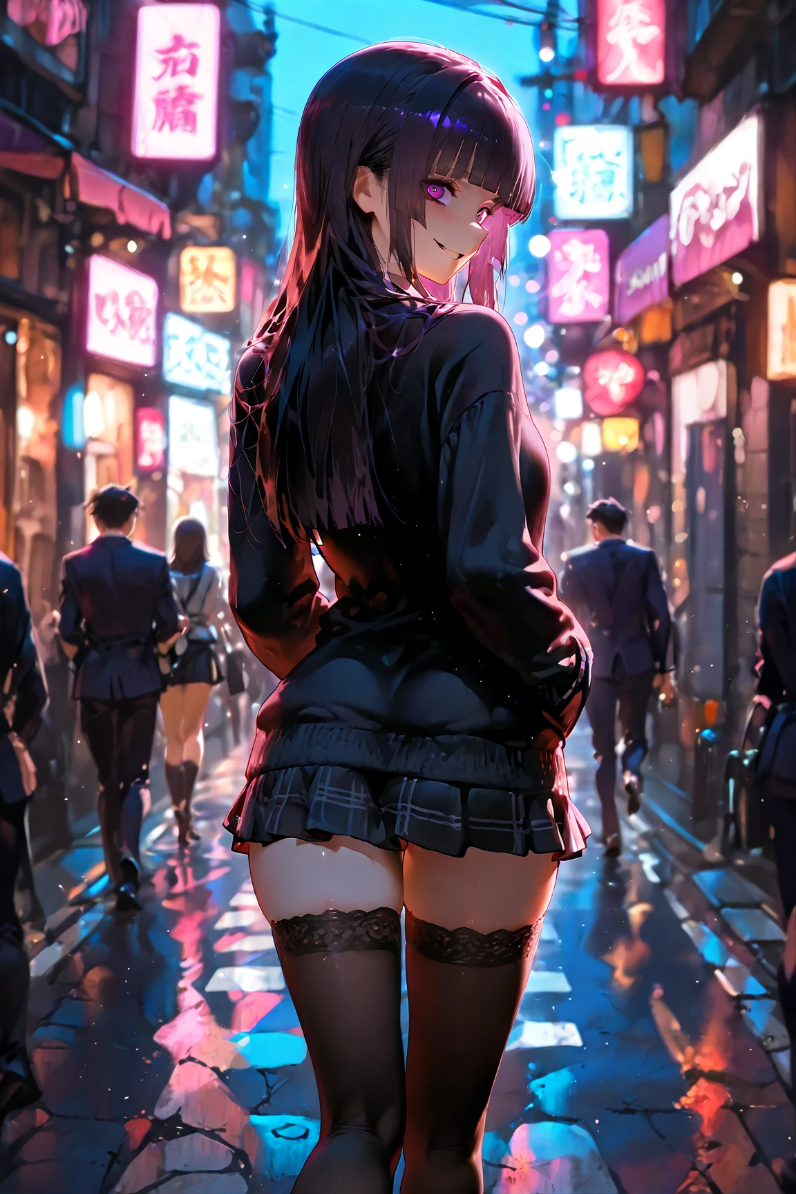((masterpiece, top quality)), 1 girl, beautiful face, (medium length black hair), light brown eyes, surprised look, standing, (wearing tight-fitting pink backless minidress), (shiny black high heels), full body, from behind, looking back, looking at the viewer, ass gonzo, butt sticking out, city street, night, wet