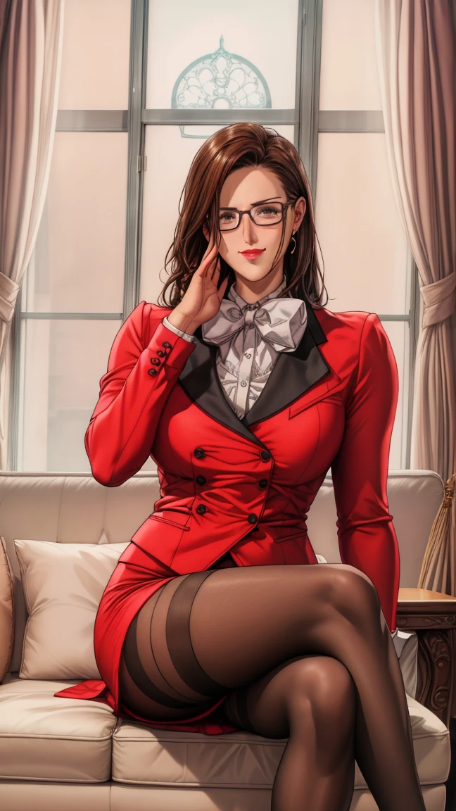 highres, high quality, intricate details, cinematic lighting, shiny, retro artstyle,
MaiKannazuki, 1girl, mature female, solo, sitting, on sofa, crossed legs, hand on own face,
looking at viewer, smirk, blush,
brown hair, (single sidelock:1.2), brown eyes, earrings, red lips, opaque glasses,
red blazer, bowtie, puffy long sleeves, red miniskirt, grey pantyhose,
large breasts, curvy, milf,
indoors, luxury room, window, day, mansion,
<lora:MaiKannazuki:1>
