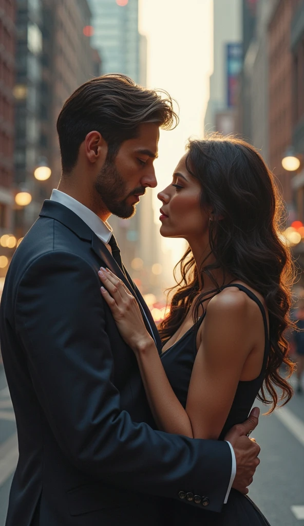 In front of a modern building a woman hugs a man but the man holds the hand of another woman who is behind him