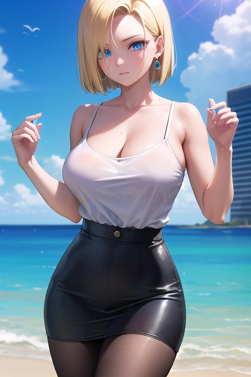 score_9, score_8_up, score_7_up, shaded BREAK 1girl, solo, Reika Kitami, blonde hair, green eyes, tan, short hair, hair ornament, outdoors, sunset, balcony, v-shaped eyebrows, smug, looking at viewer, black sundress, futanari, penis, precum, bulge, arms behind back, leaning forward, large breasts, huge breasts, round full breasts, super thin waist, heart shaped hips,