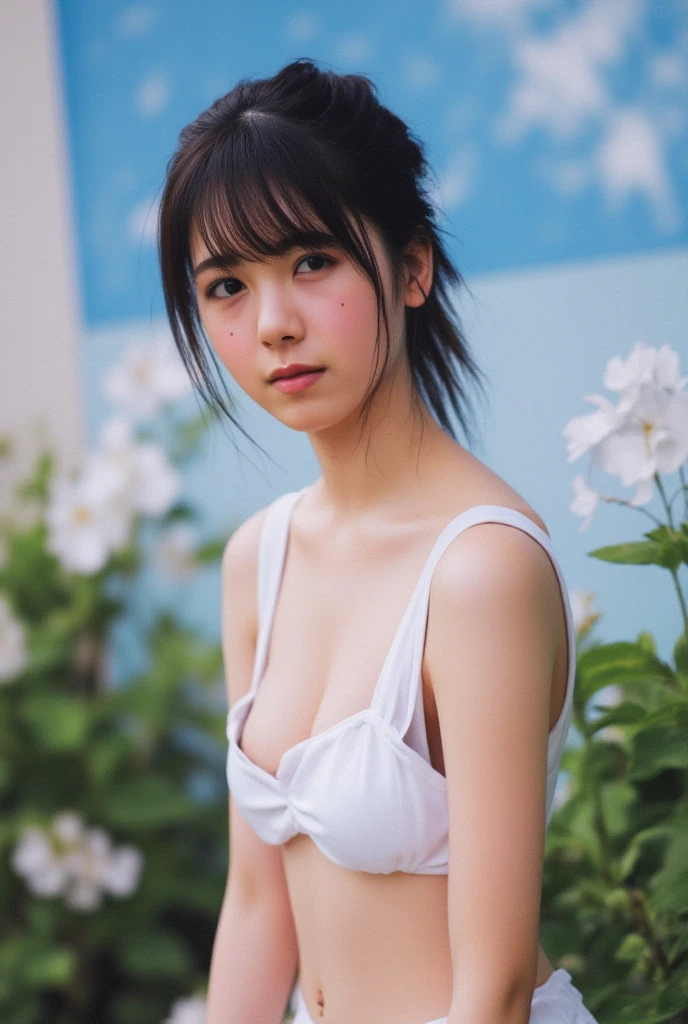 (((​masterpiece))), (One beautiful Japan girl, Pure and innocent，kawaii) ，超A high resolution, Realistic, ultra-detailliert, 8K,top-quality, Extremely detailed, A slender,very beautiful japanese girl, Detailed face:1.3), (hair tied up，A dark-haired :1.4), (a baby face，kawaii系,adorable 14 year old girl), (Perfect body:1.1),  (Separate swimsuit with white frills), Provocative smile，Super Detailed Face、Detailed lips、A detailed eye、small gravure idol，Transparent skin、Lori，Looking Back，wet face，a wet body，strong rays of the summer sun，sexy  pose，sitting on，Beautiful collarbone，beautiful thigh