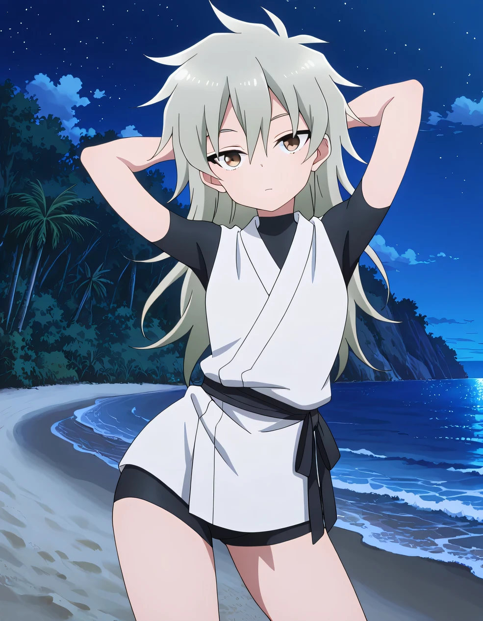 Oniyuri, brown eyes, gray hair, long hair, japanese clothes, high quality, solo, night sky, beach, hands behind head, ((contrapposto)), closed mouth, cowboy shot, looking at viewer, expressionless, best quality