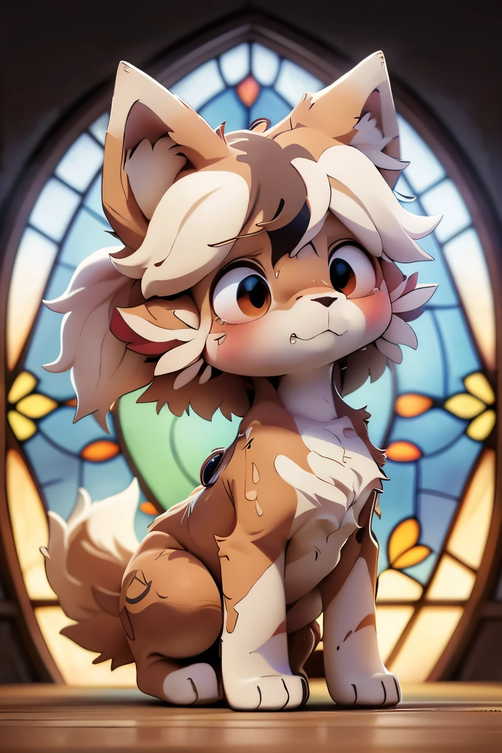 ultra-detailed, masterpiece, masterwork, high quality, best quality, hdr, posted on e621, (by hioshiru), nsfw, male, solo, chibi, (white little body dragon), hairy dragon, (long silver hair, yellow eyes, detailed eyes, white body), standing, (nude, smallpenis, foreskin, balls), front view, dynamic angle