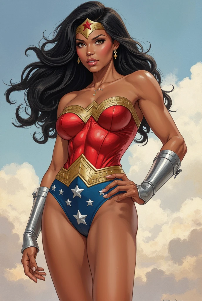 Beautiful and sensual Wonder Woman in red and blue gothic warrior. Wonder Woman, reb shirt with striped sleeves, denim jacket, denim shorts, denim skirt, blue stockings, brown boots, mid riff, white gloves, long blonde hair, ,ruanyi0788,garter belt,garter straps,lingerie,latex,underboob,red bra,thigh strap, bandeau, harem outfit,detached sleeves, bridal gauntlets, red footwear