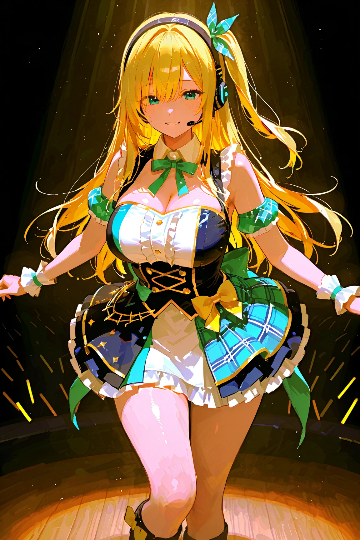 PICTURE REALISTIC, coherent image, detailled image, 1 girl, has light grayish blonde hair coming out in locks and green eyes, Part of her hair is tied up in a high ponytail.. She wears a brown cat ear accessory decorated with gold and flowers.. Her hair has several yellow and brown hairpins, as well as a flower-shaped clip to the right of the hair. Hers is a delicate oval face, blushful, smiling, she is wearing a crop top, pleated mini skirt, long socks, sports shoes, medium breasts, Curvy Body, thick-thighs, shy pose, black backdrop, uniform background,