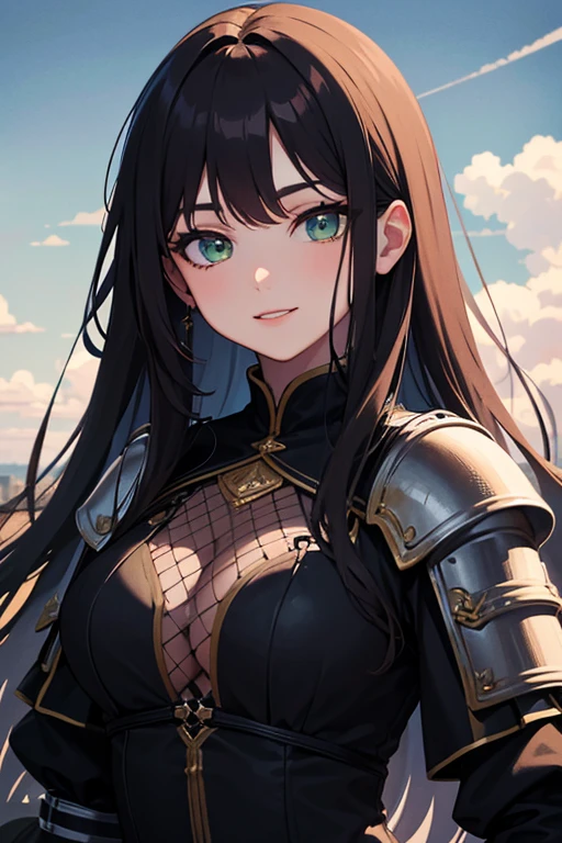 Long black hair, black eyes, royal sister, knight armor