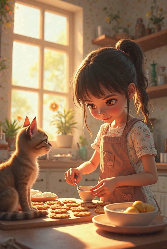 A sunny kitchen scene, with a girl baking cookies while her cat watches her with wise eyes — a shadow on the wall suggests her true shape: a protective tiger.