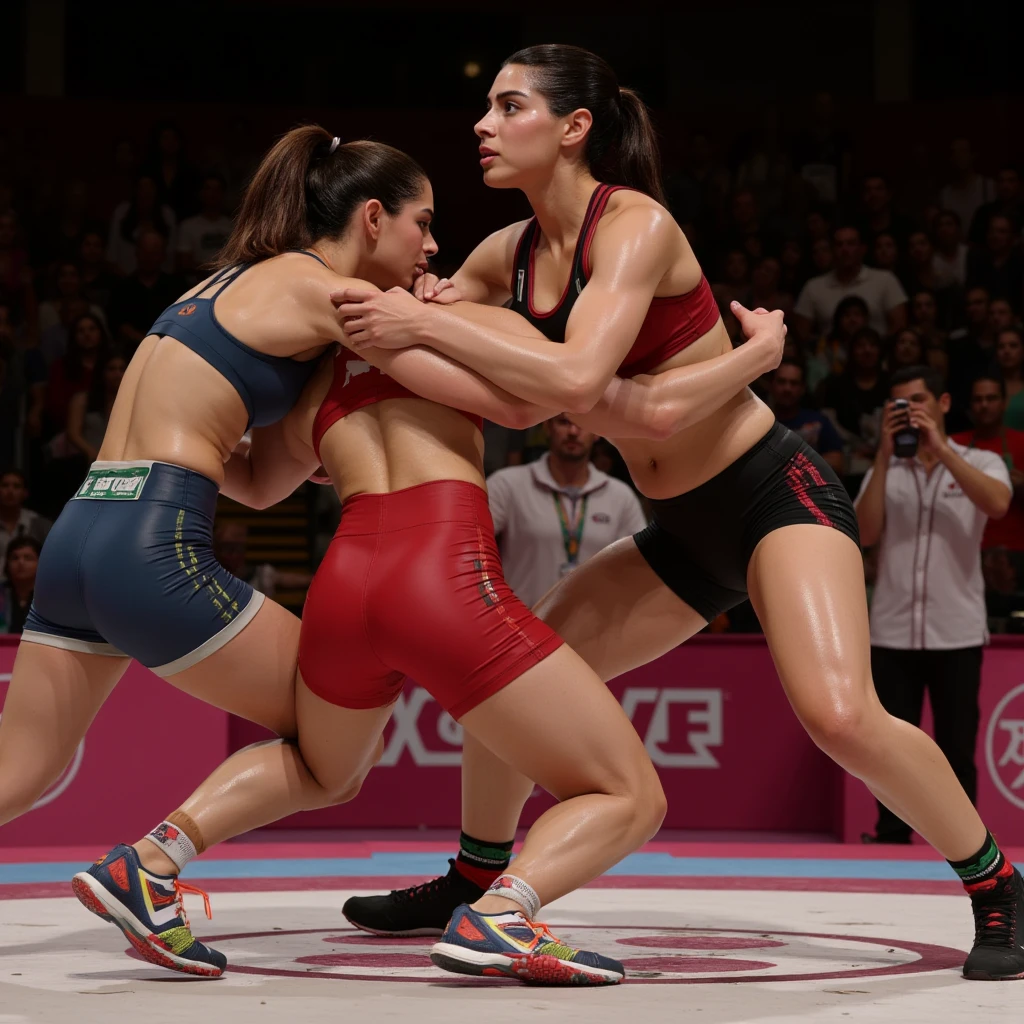 (best quality,4k,8k,highres,masterpiece:1.2),ultra-detailed,(realistic,photorealistic,photo-realistic:1.37),HDR,UHD,studio lighting,ultra-fine painting,sharp focus,physically-based rendering,extreme detail description,professional,vivid colors,bokeh,portraits
Two strong women wrestlers battling above the wrestling ring. They both have determined expressions on their faces and their bodies are covered in sweat. The wrestling ring is brightly lit with studio lighting, which creates intense shadows and highlights their muscular figures. The women wear colorful and vibrant costumes that represent their vibrant personalities. The colors used are rich and vivid, with a touch of deep saturation to emphasize the intensity of the match. The painting style is ultra-detailed, with every muscle and movement intricately captured. The faces of the wrestlers are extremely detailed, showcasing their beautiful eyes, strong and determined expressions, and expressive lips. The background consists of cheering fans, adding excitement and energy to the scene. The overall composition is dynamic and captures the action and strength of the female wrestlers.