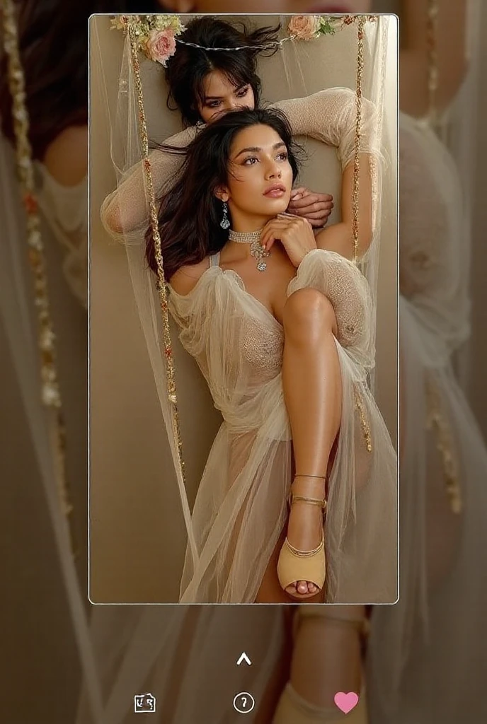 ((hyper realistic)), ((Ultra realistic details)), ((high quality)), (sharp: 1.6) Girl, sensual, beautiful, approximately 20 years (Whole body), pose sensual, from the front looking at the camera with an attractive look, (Oval face), (Ironed hair), very long hair to the waist, (Brown hair), (black almond eyes), (small upturned nose),  (Wide hips: 1.9), (small busts: 1.4), (big glutes: 1.6) , (big legs: 1.6), (flat stomach), blurred dark background., Araffe girl sitting on a bench in a room with a mirror, vistiendo un long dress, wearing an elegant dress, on his throne, sitting in a living room, sexy gown, pose lateral, long dress, sitting, long dress, 18 years, Glamor pose, captured on canon eos r 6, long white dress